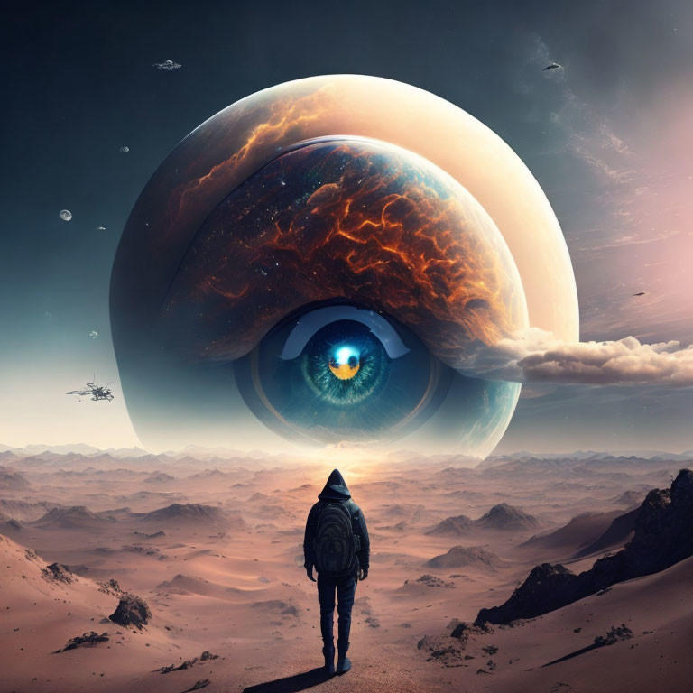 Person standing on sandy terrain gazes at surreal cosmic scene with gigantic eye and planets.