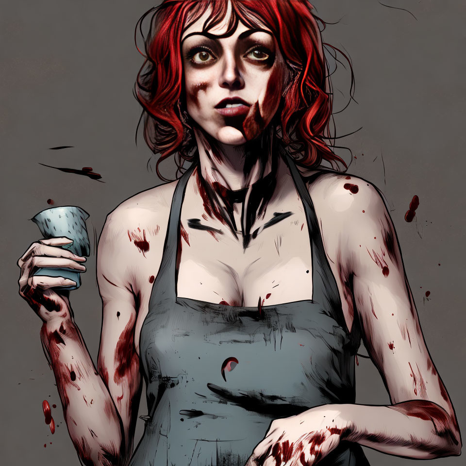 Red-Haired Woman Covered in Blood Holding Wine Glass Illustration