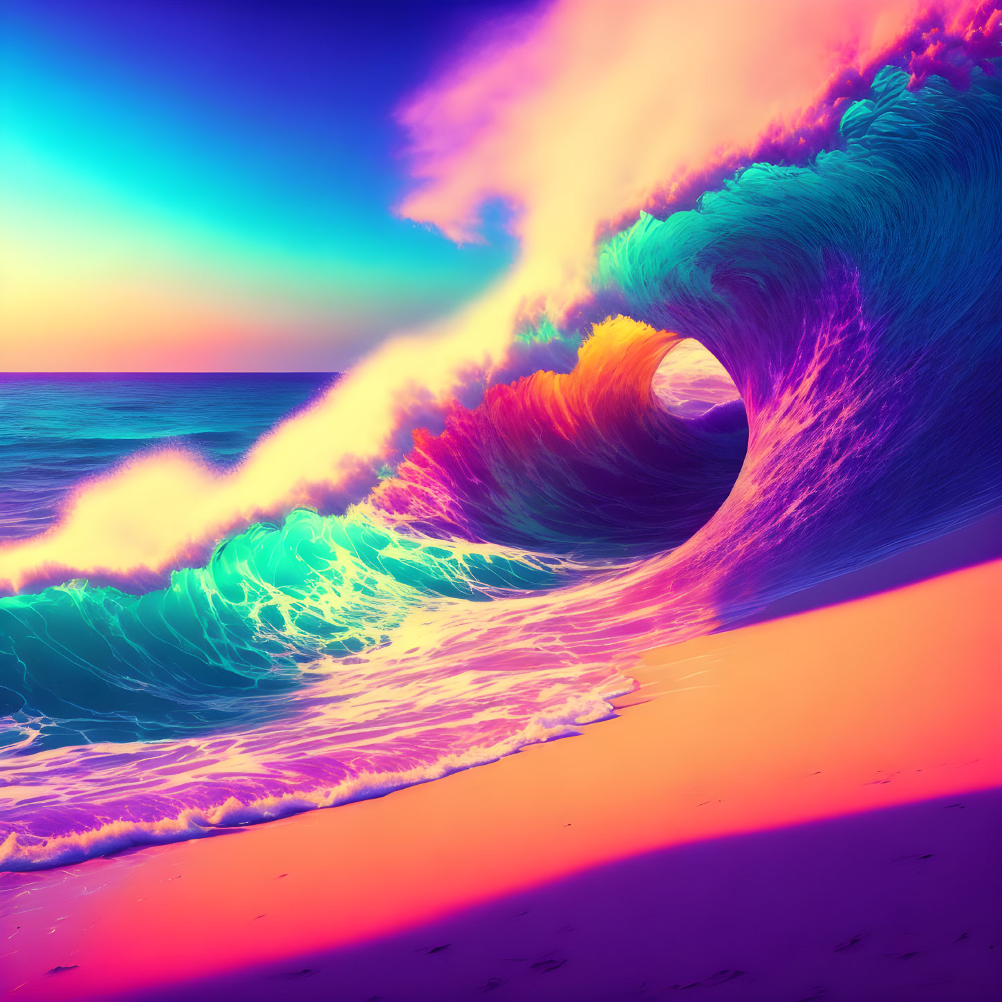 Colorful digitally altered image of large wave on pink beach