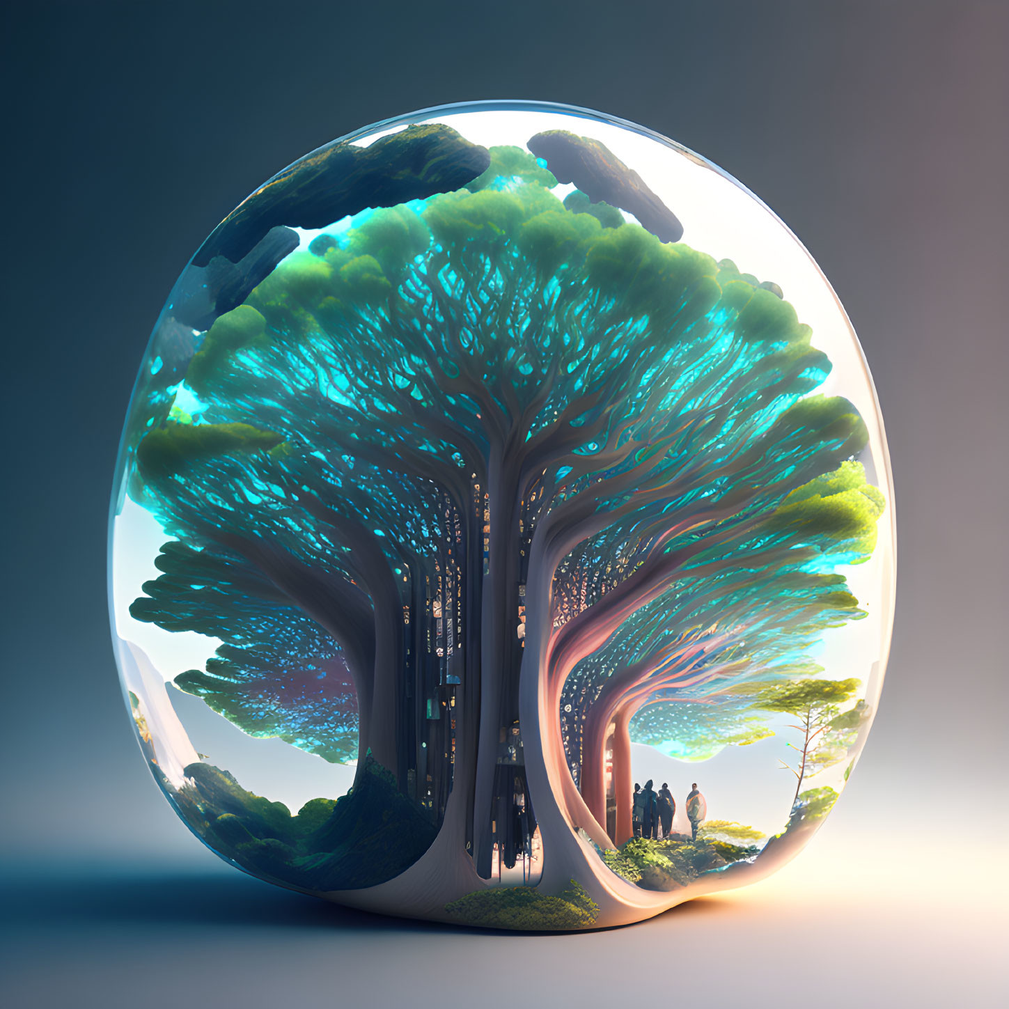 Fantasy spherical ecosystem with massive intricate tree and tiny figures