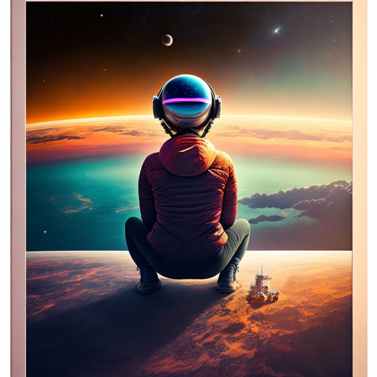 Person in space helmet gazes at sunrise on planet with spacecraft in background