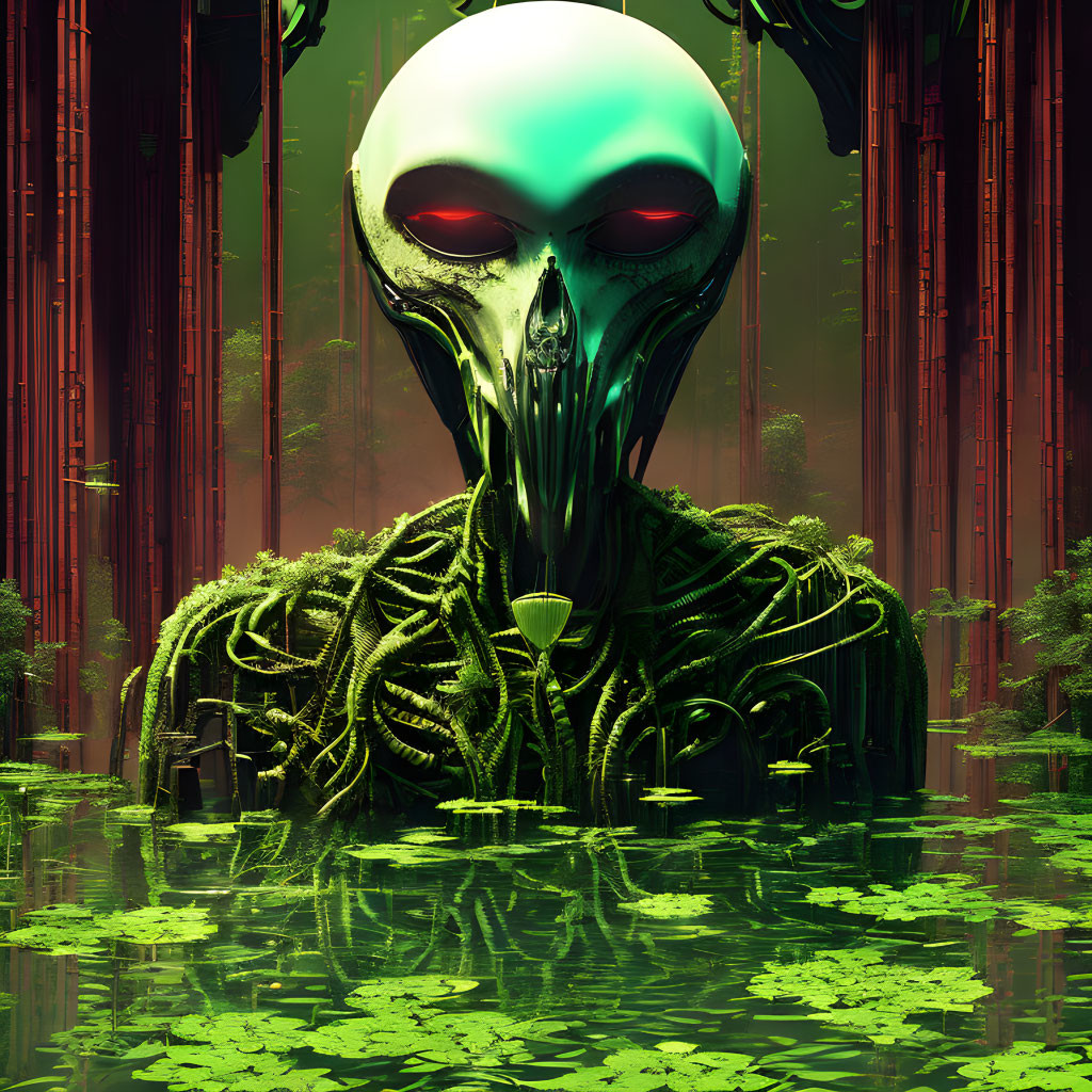 Alien digital art with large head, red eyes, vine textures in forest scene