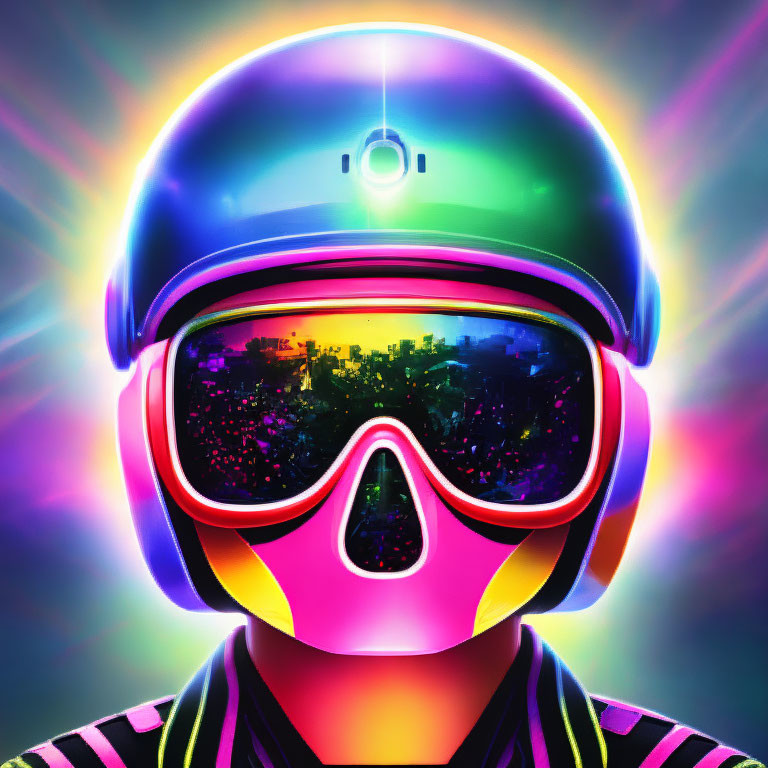 Colorful digital artwork featuring person with reflective helmet and neon glow.