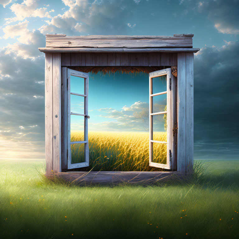 Surreal door frame and door in wheat field under open sky