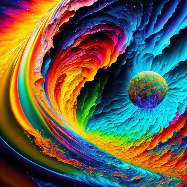 Colorful swirling vortex with textured sphere - cosmic digital art.