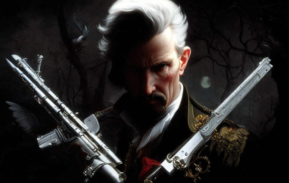 White-haired man with cross-shaped firearms in dark backdrop