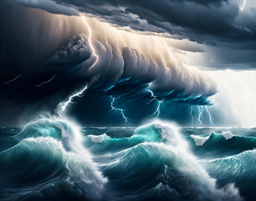 Dark clouds, intense lightning, turbulent sea waves: Dramatic ocean storm scene