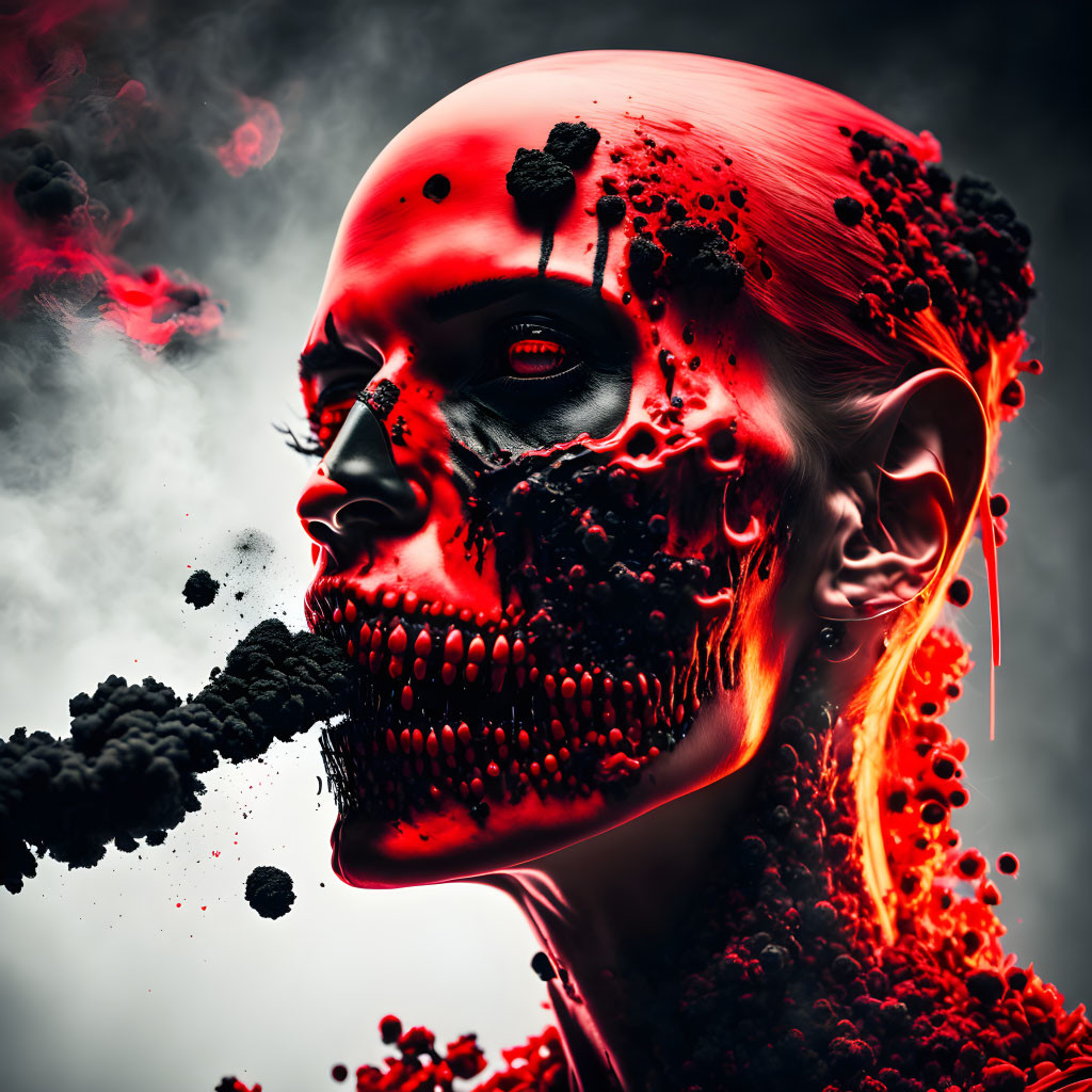 Digital artwork: Cybernetic profile with red hues and floating particles