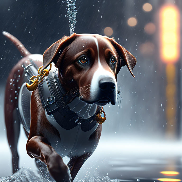 Brown and White Dog with Bell Harness Walking in Snowy Night Scene