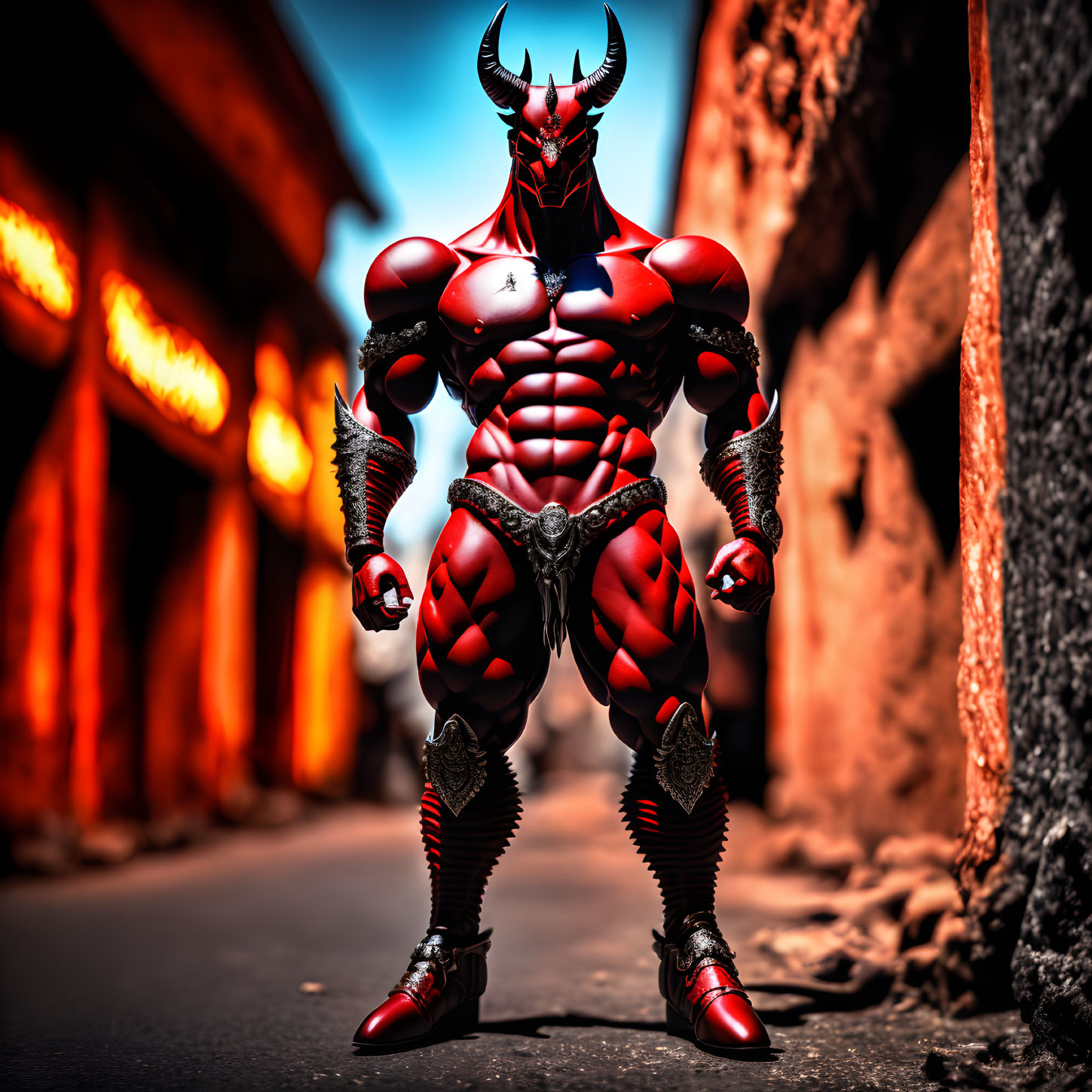 Sinister red demon in spiked armor on narrow street