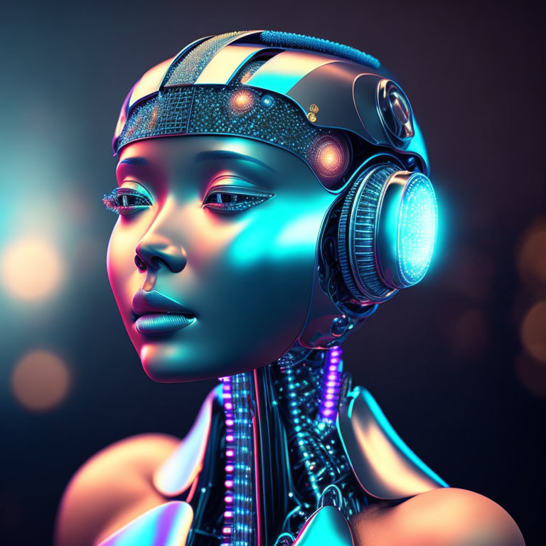 Female robotic head in headset under neon lights