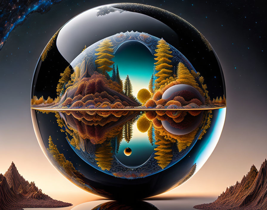 Surreal landscape with floating spherical object and autumn forests against starry sky