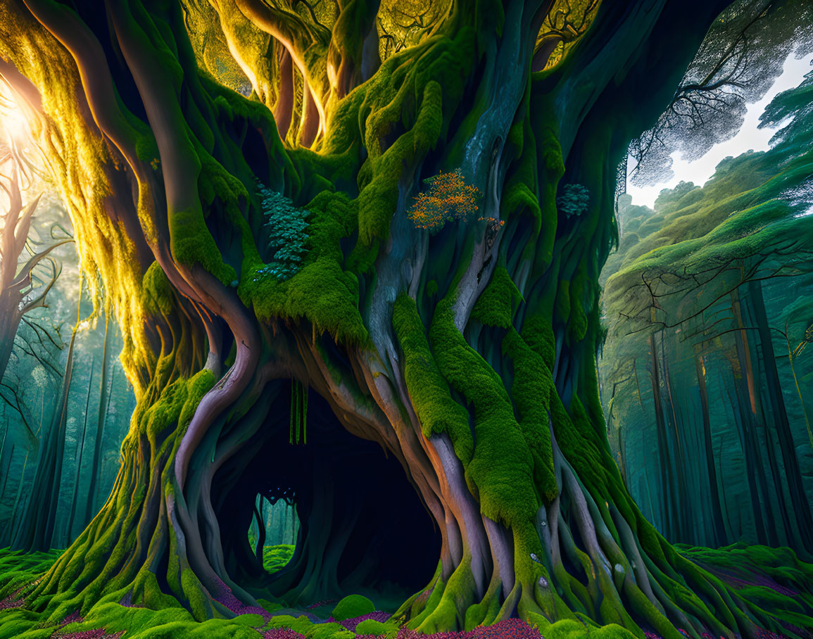 Mystical forest scene with moss-covered hollow tree