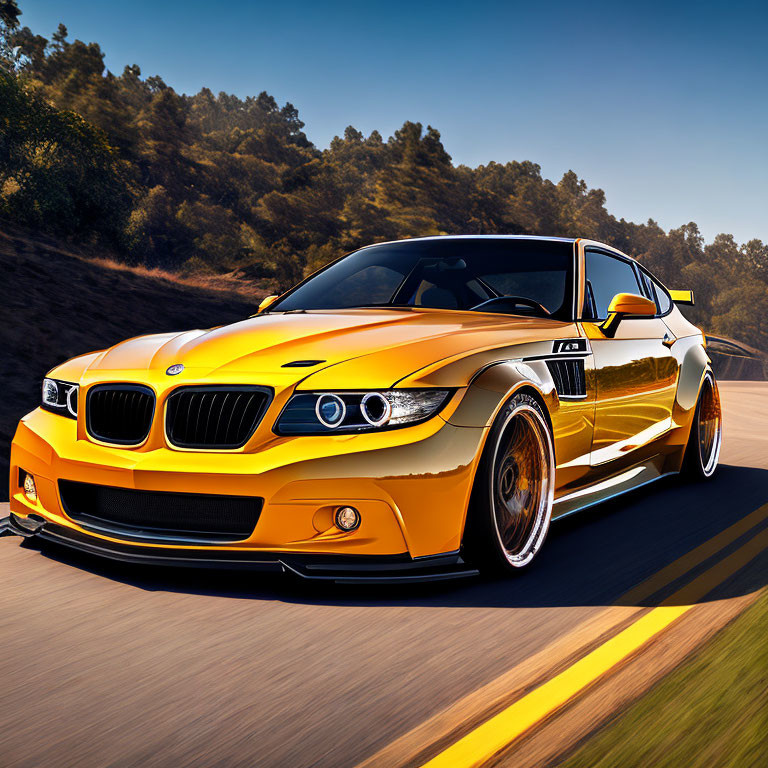 Sleek yellow sports car with custom modifications on sunny road