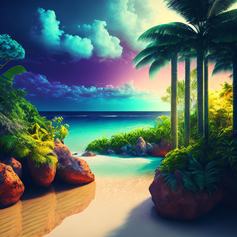 Tropical Sunset Beach Scene with Palm Trees and Colorful Sky