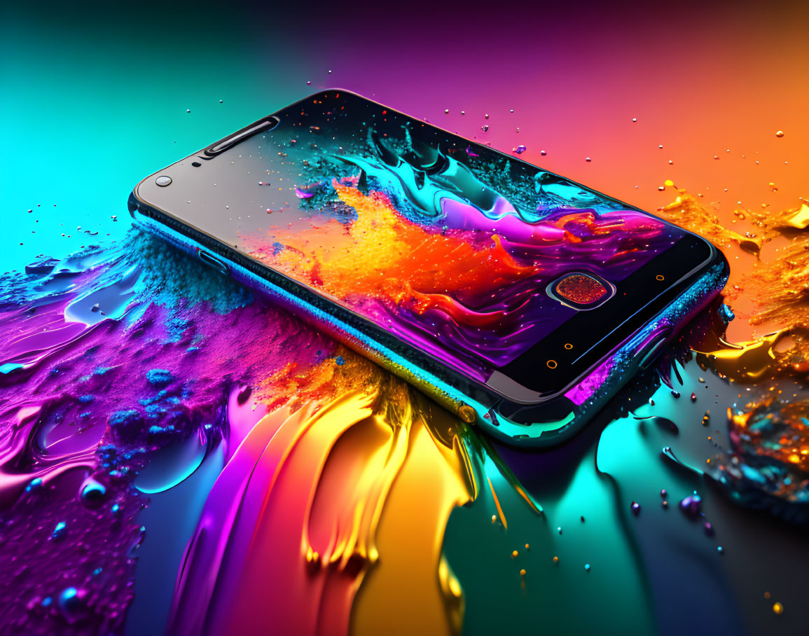 Vibrant neon-colored liquid splash around smartphone on gradient background