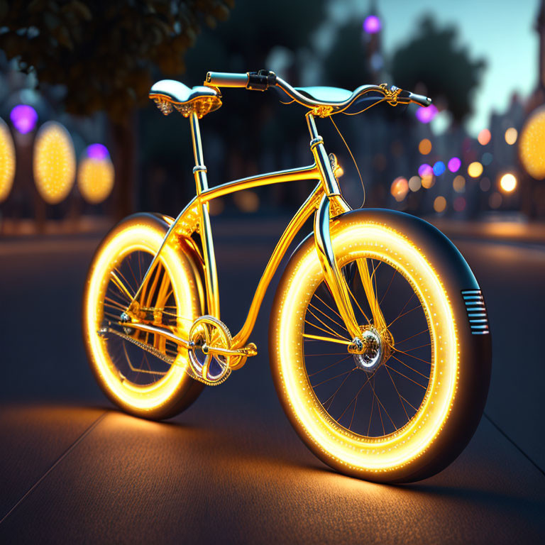 Golden Bicycle with Glowing Accents on City Sidewalk at Twilight