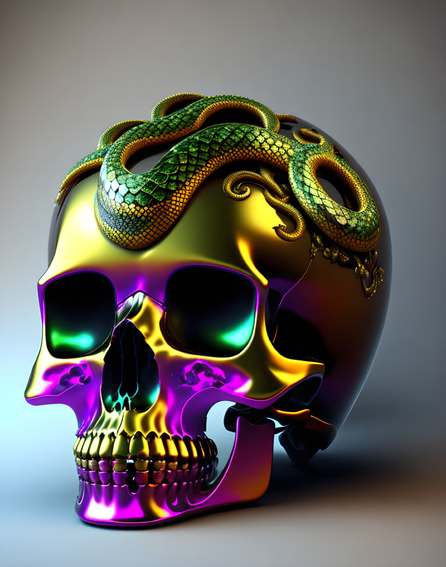 Colorful Metallic Skull with Green Snake on Gradient Background