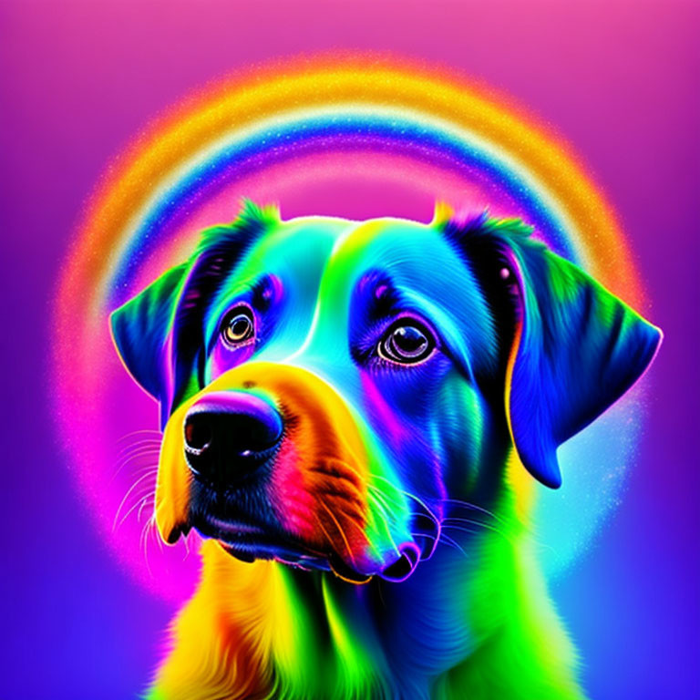 Colorful Dog Portrait with Neon Rainbow Halo on Gradient Background