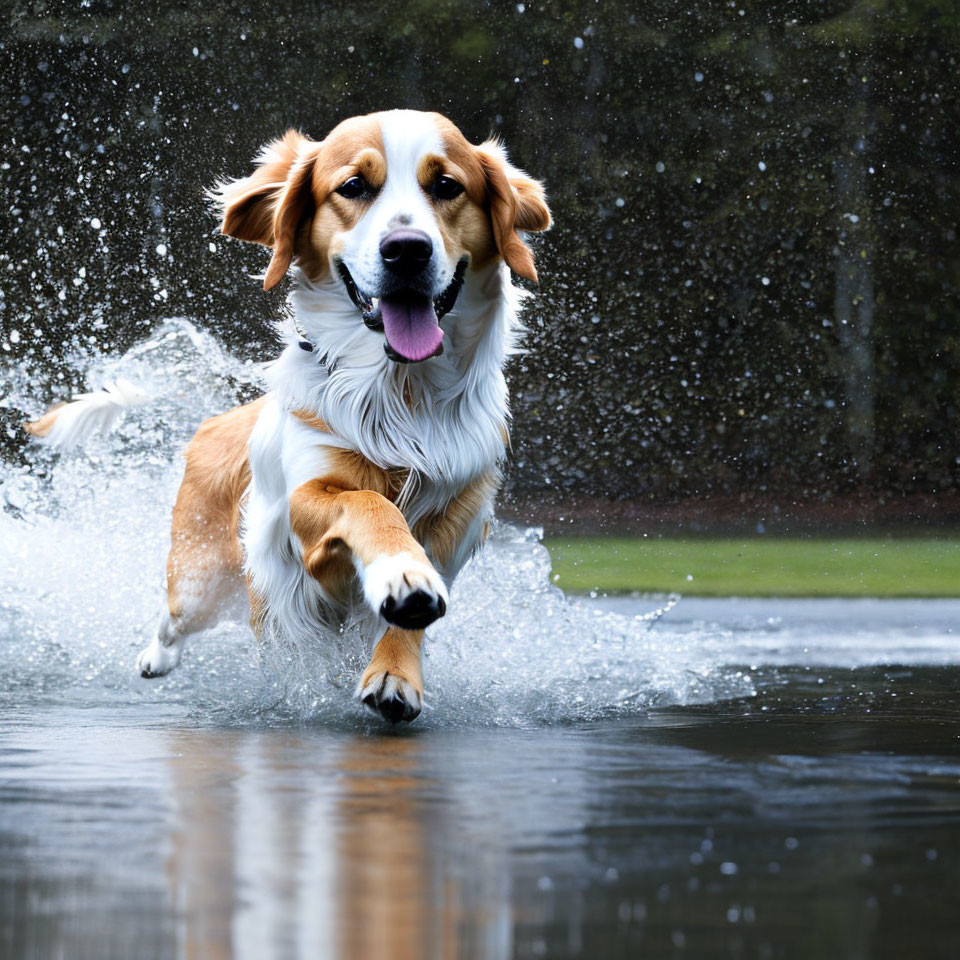 Brown and white dog splashing in water with tongue out