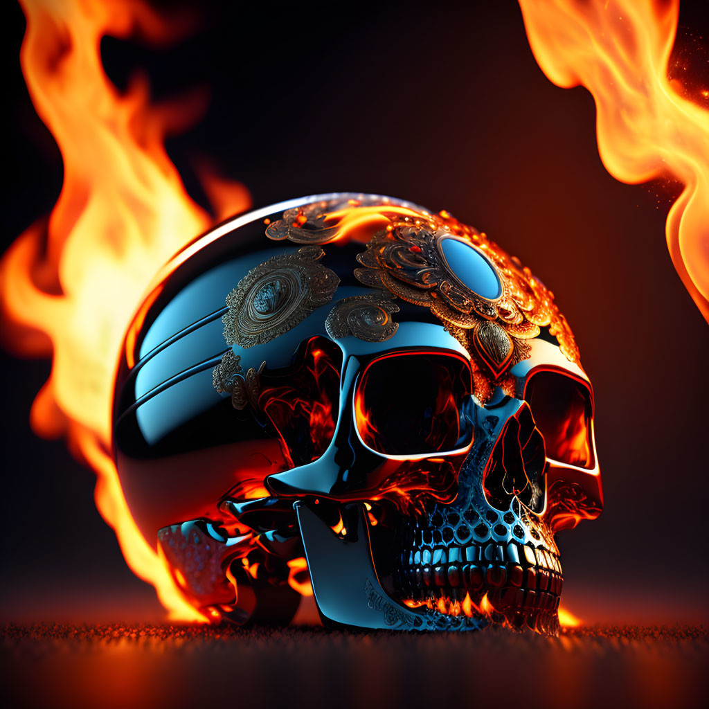 Detailed Metallic Skull with Flame Background and Reflections