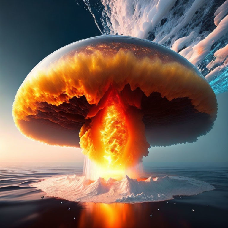 Massive fiery explosion creates mushroom cloud over tranquil sea