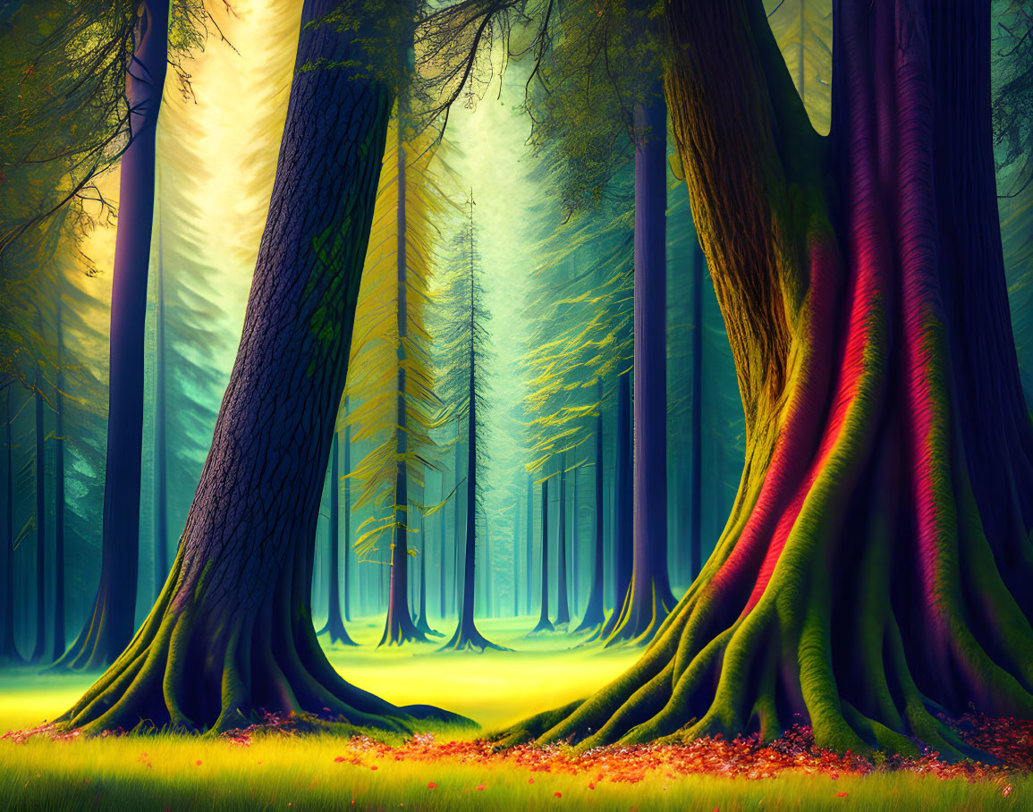 Mystical forest with towering trees and colorful lights