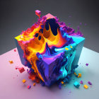 Colorful 3D digital art: Melting cubic structure with liquid-like substances