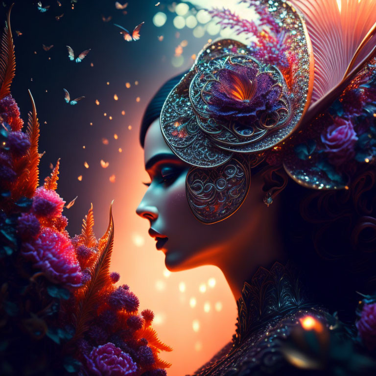 Elaborately adorned woman with butterflies and glowing flora on dark backdrop