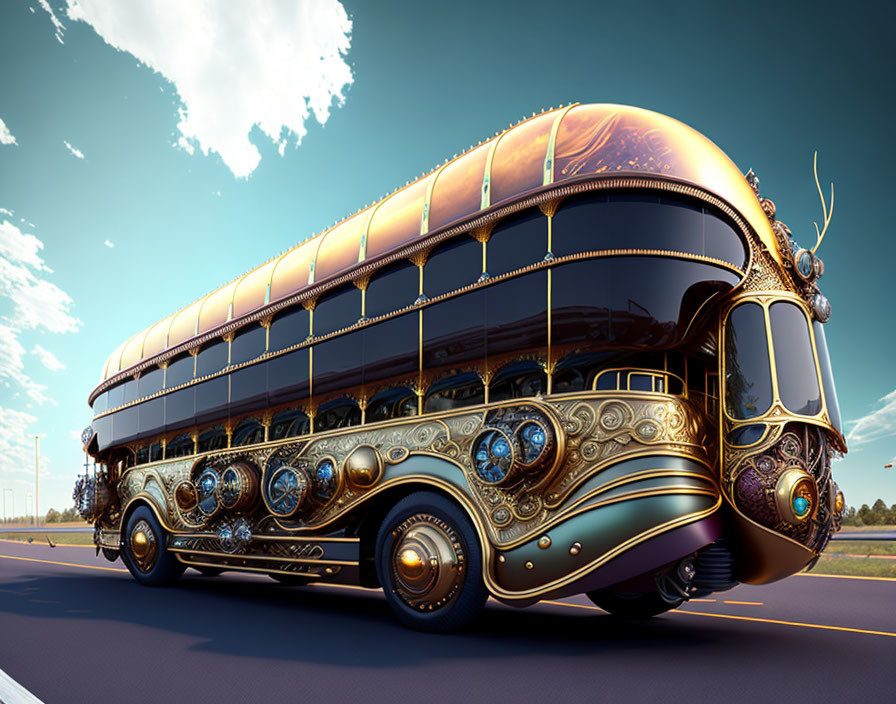 Steampunk-inspired double-decker bus with brass detailing on highway