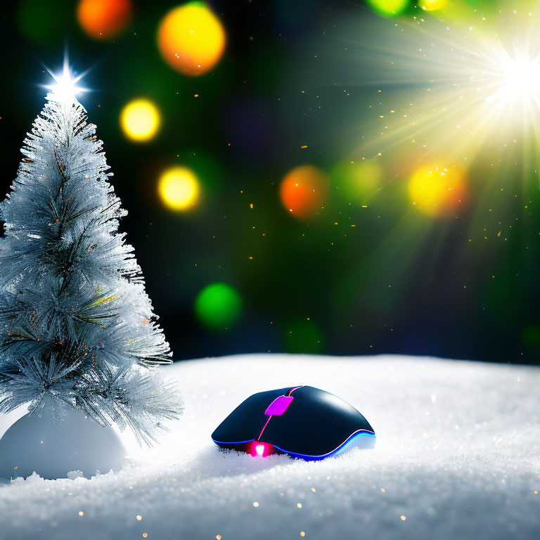 Colorful Backlit Computer Mouse on Snow with Christmas Tree and Bokeh Lights