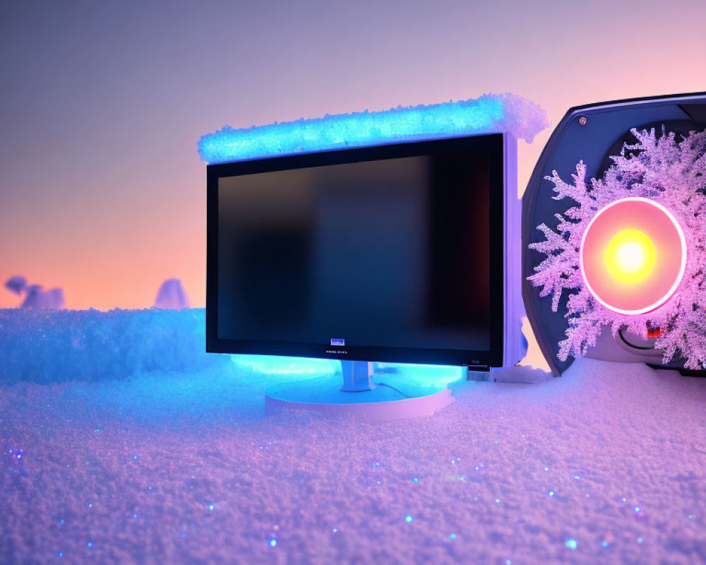 Snow-covered computer monitor and speaker under neon lights in twilight sky