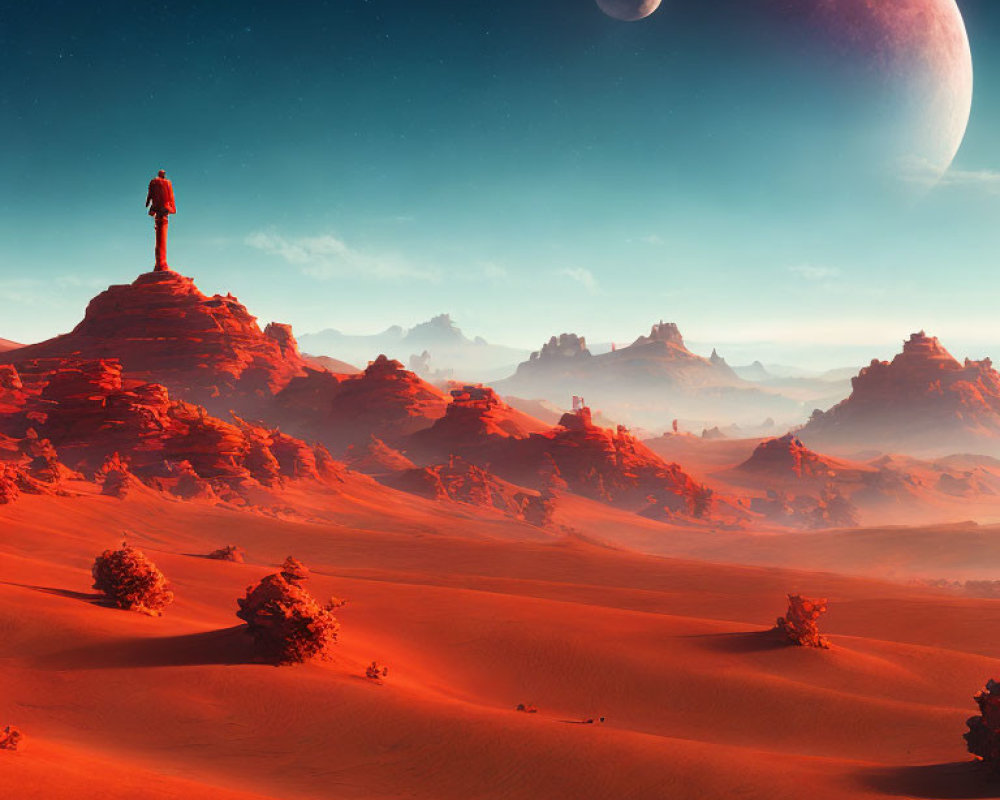 Person standing on desert outcrop under vast moonlit sky and red sand dunes