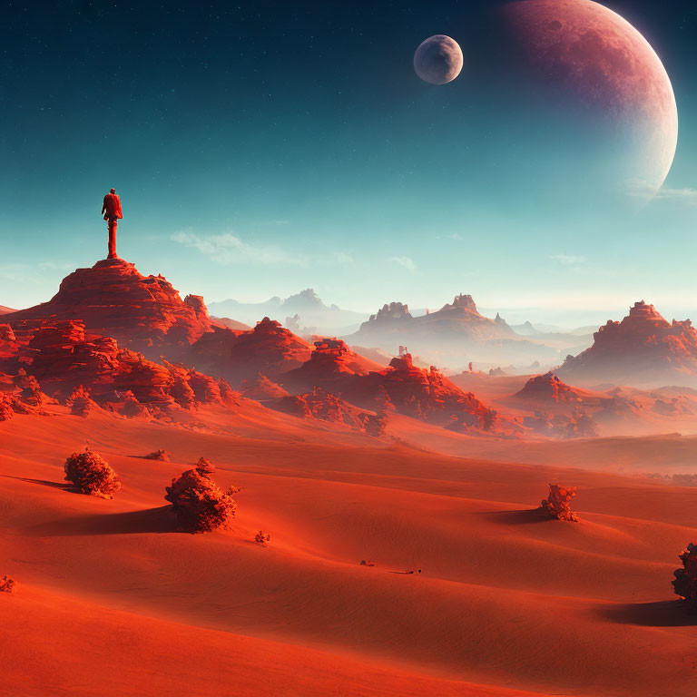 Person standing on desert outcrop under vast moonlit sky and red sand dunes