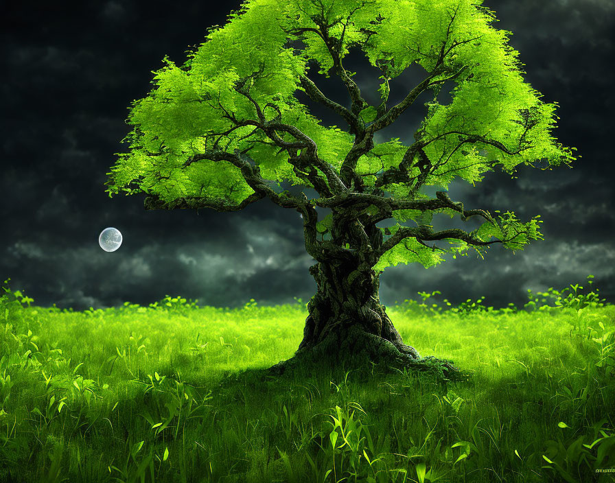 Majestic green tree in lush meadow under stormy sky