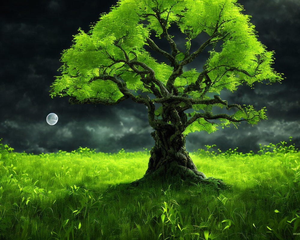 Majestic green tree in lush meadow under stormy sky