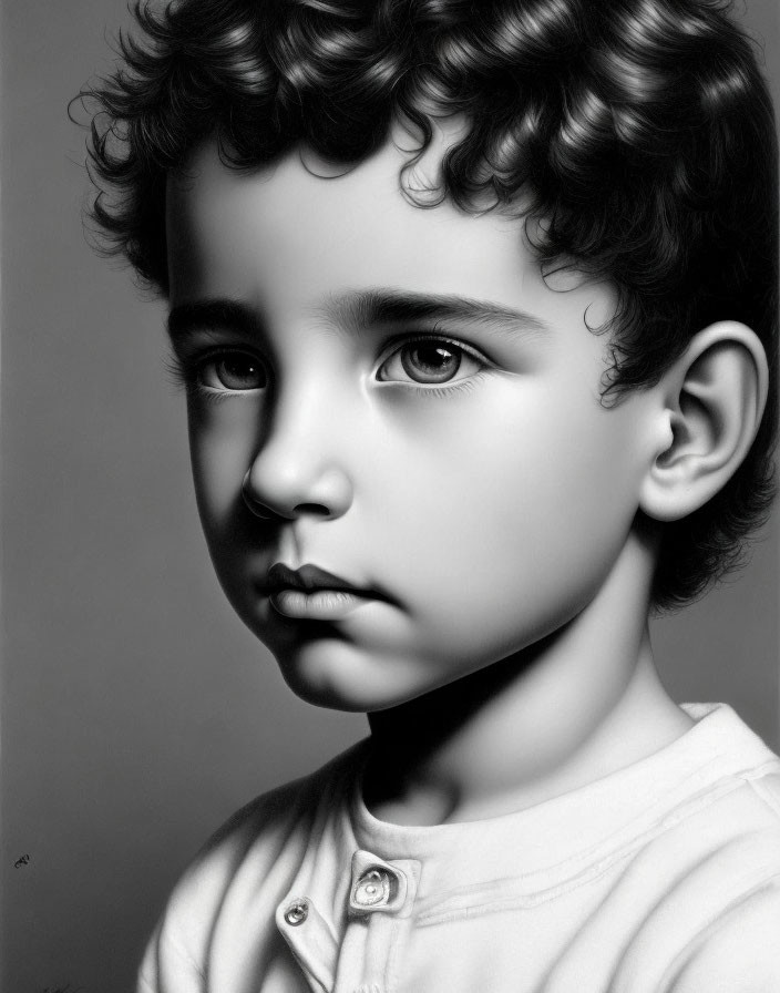 Monochrome portrait of a young child with curly hair and expressive eyes