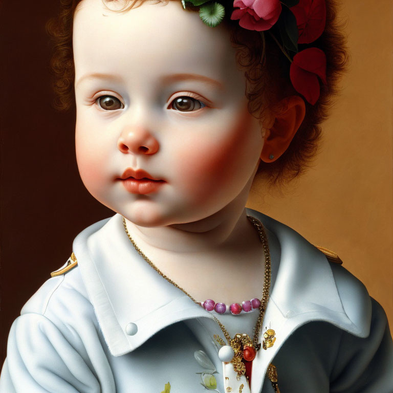 Detailed Hyperrealistic Child Portrait with White-and-Blue Outfit and Expressive Gaze