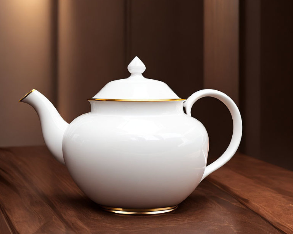 White Ceramic Teapot with Gold Trim on Wooden Tabletop