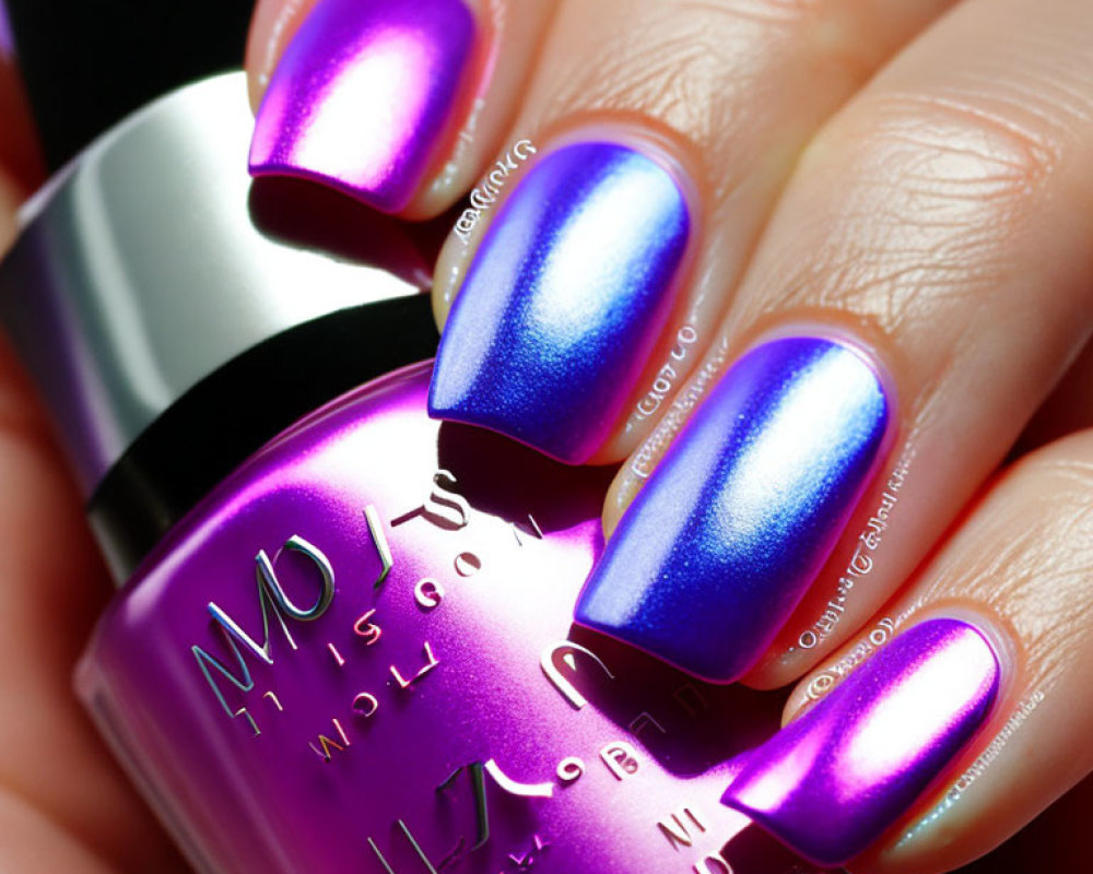 Close-Up of Shiny Purple and Blue Gradient Nail Polish with Brand Logo Bottle