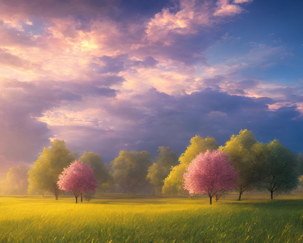 Vibrant green grass and pink-blossomed trees under a dramatic sky