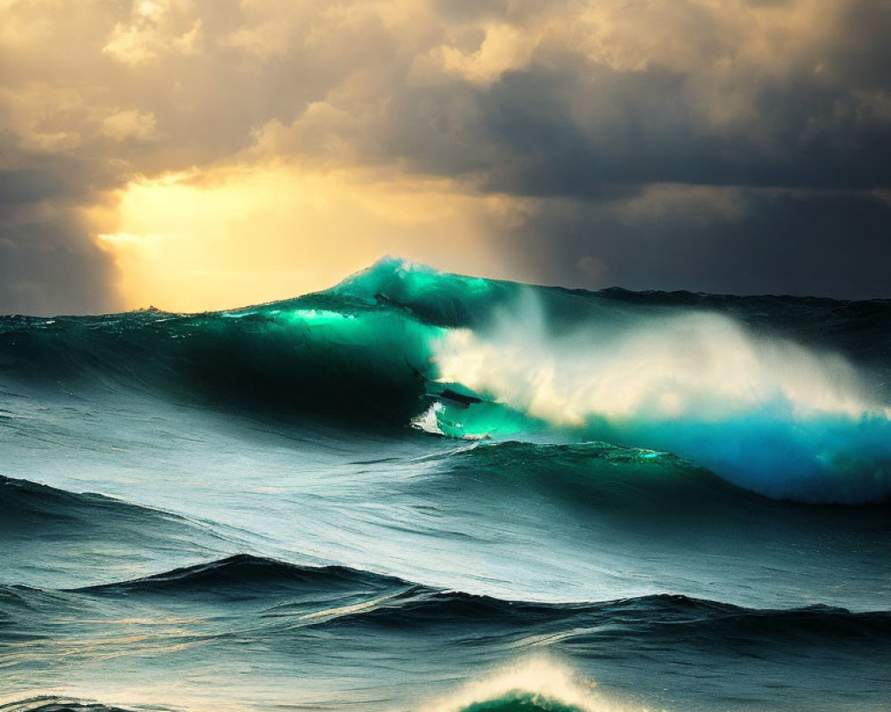 Sunset light on stormy ocean waves: Majestic crests and curves spotlighted