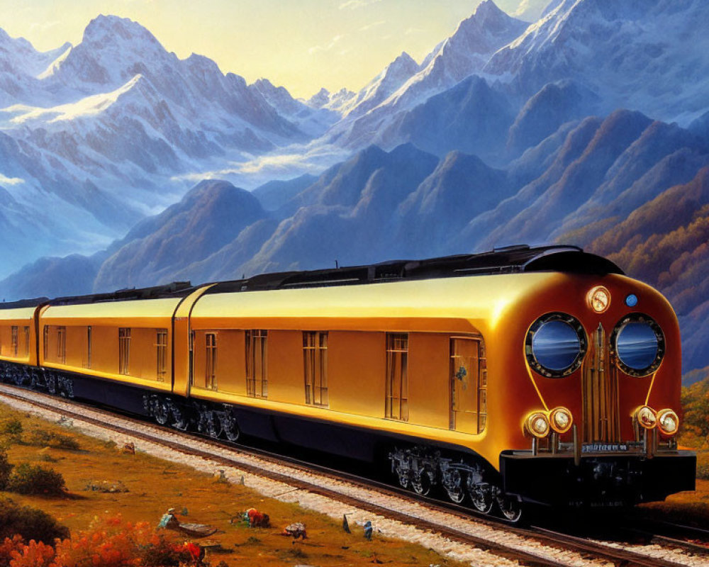 Vintage golden train in scenic valley with mountains and grazing deer