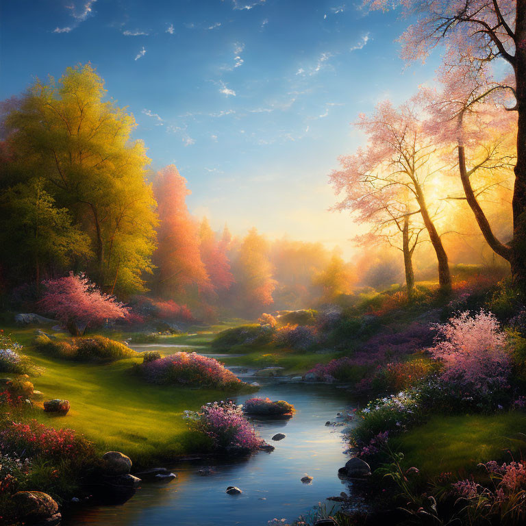 Colorful sunrise landscape with stream and flowering bushes