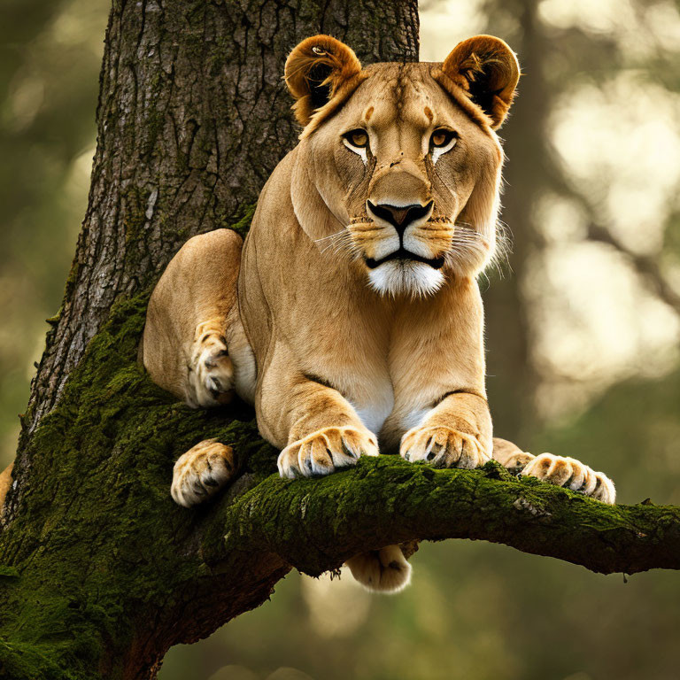 Lioness resting on tree branch in forest setting