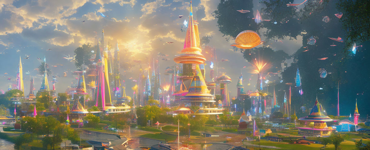 Futuristic cityscape with towers, neon lights, parklands, and flying creatures