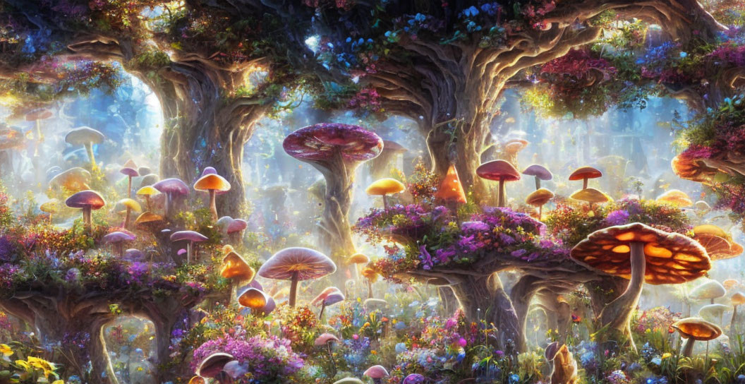 Enchanting Twilight Forest with Oversized Mushrooms and Luminous Flora