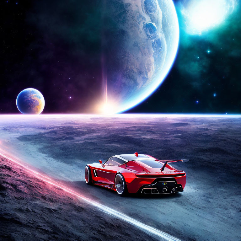 Red Sports Car on Grey Lunar Surface with Planets and Star Background