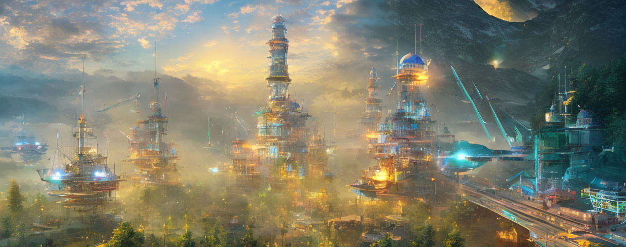 Futuristic sci-fi cityscape with illuminated towers and golden sky