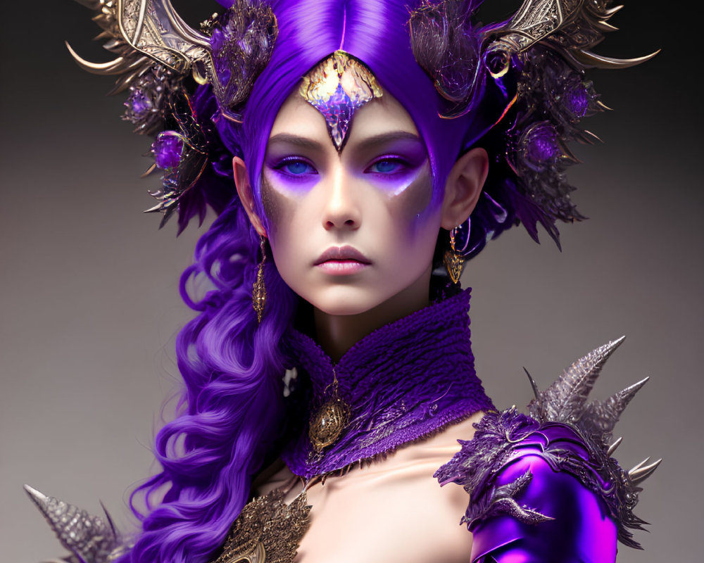 Fantasy character with purple hair and horned headdress in golden armor